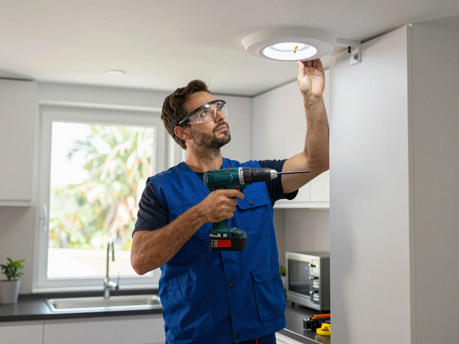 Electrician installing LED lighting in residential kitchen
