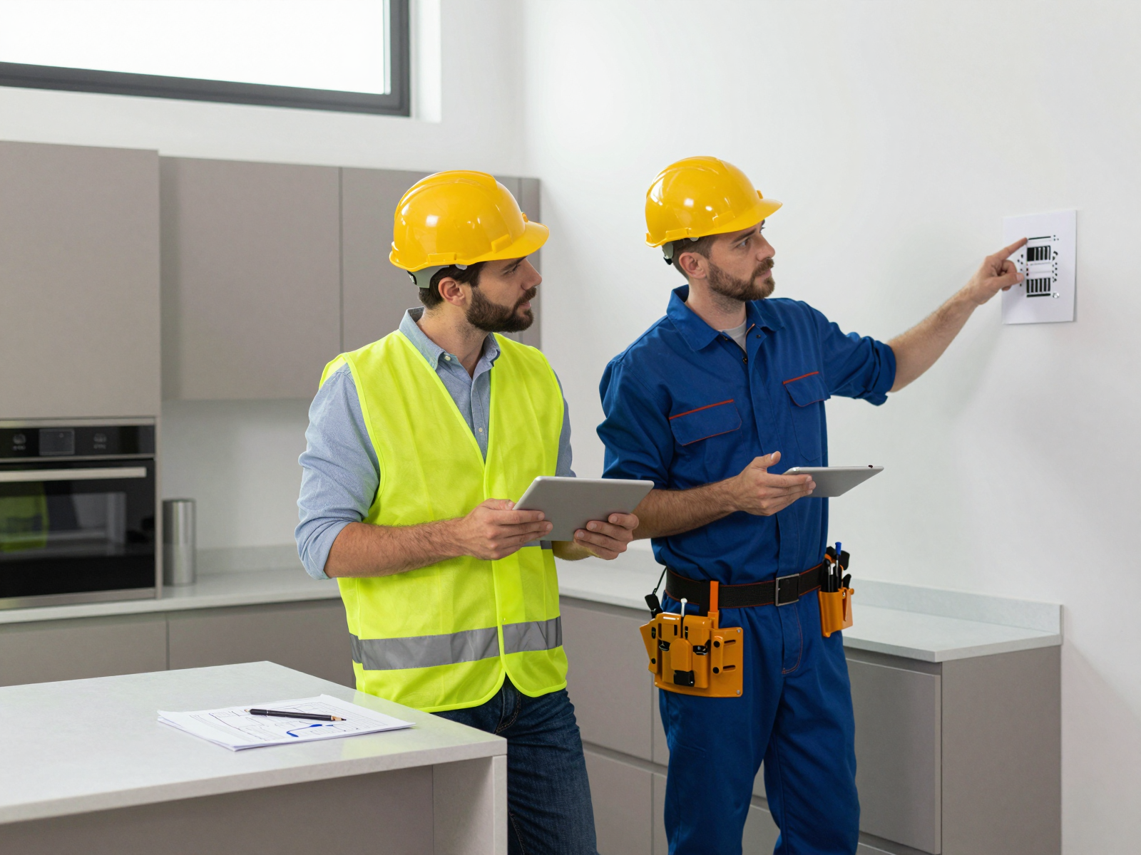 Professional discussing electrical wiring diagram with homeowner